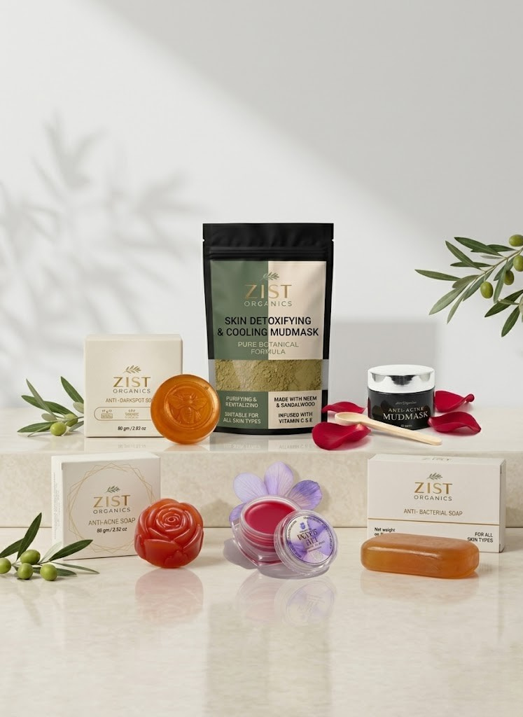 Zist Organics skincare collection with anti aging mud mask and herbal soaps for clear glowing skin on beige background